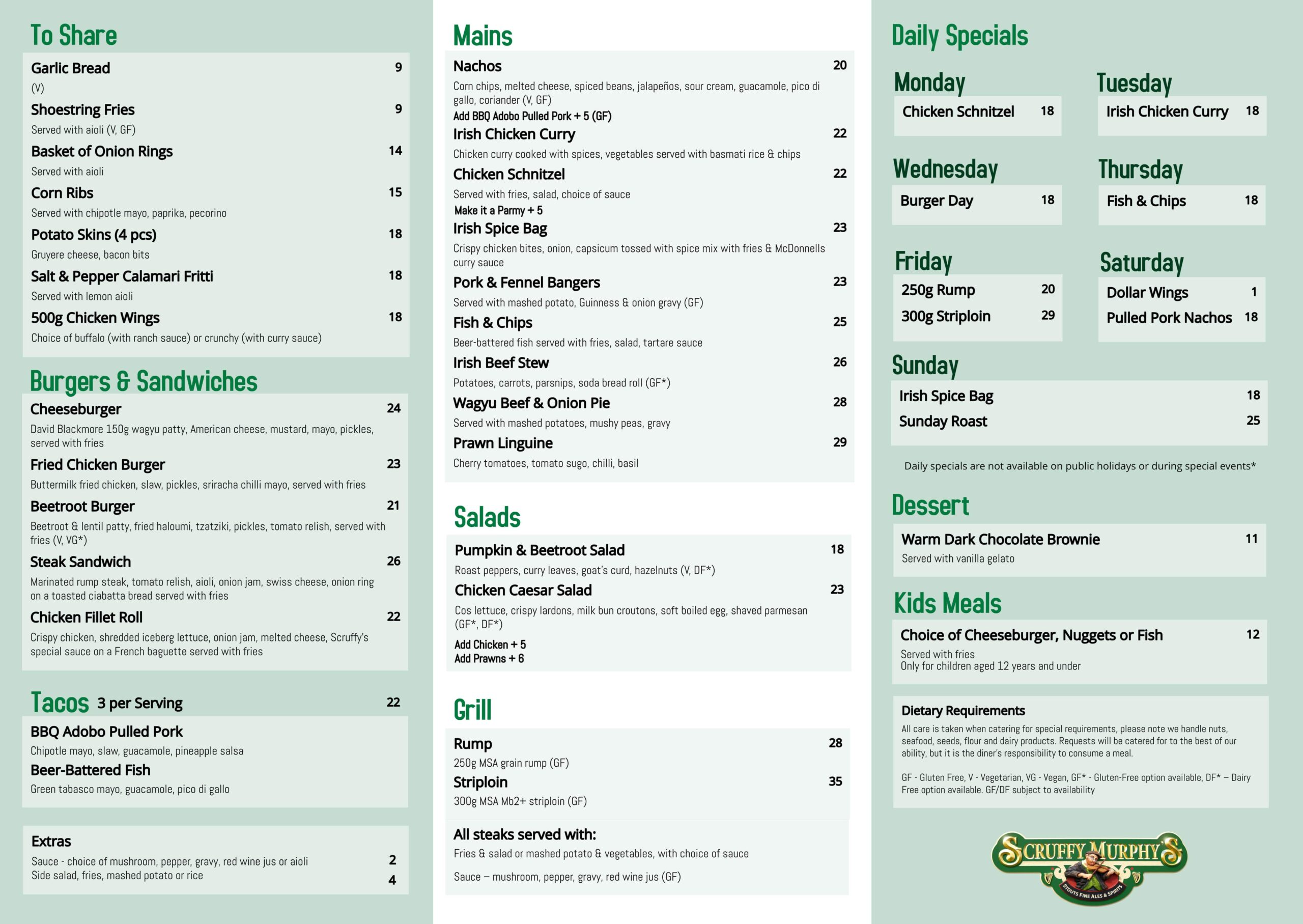 Scruffy Murphy's Food Menu
